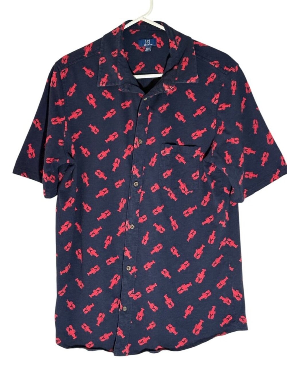 George Men AOP Lobster Button-Down S/S Shirt Navy/Red Large Cotton Resort Casual